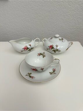 Vintage Sango Japan Moss Rose China Tea Cup, Saucer, Cream & Sugar Bowl-Gold Rim